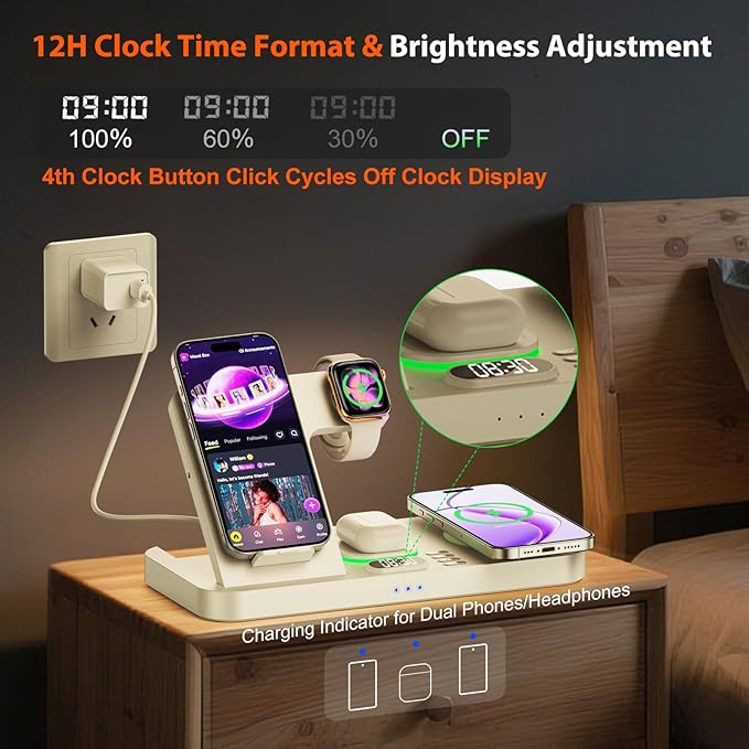 Dual Phone Magnetic Wireless Charging Station for Apple Devices/Apple Ecosystem,with Auto-Switch 7-Color Light & Clock, Compatible with iPhone 17/16/15, for iWatch 11/10/9 & AirPods Pro3（White