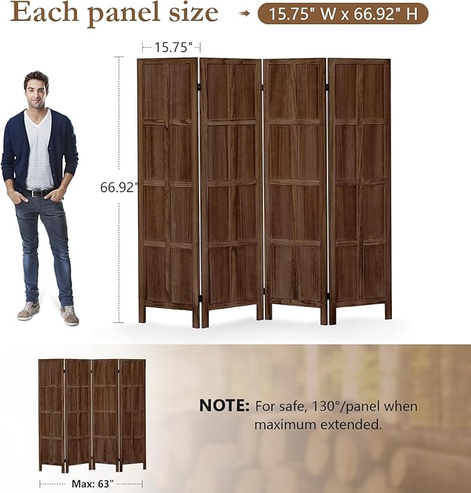 4 Panel Room Divider, 5.6Ft Wood Room Dividers and Folding Privacy Screens, Room Divider Wall Freestanding Room Partitions, Room Dividers Screen for Home Office Bedroom, Dark Brown