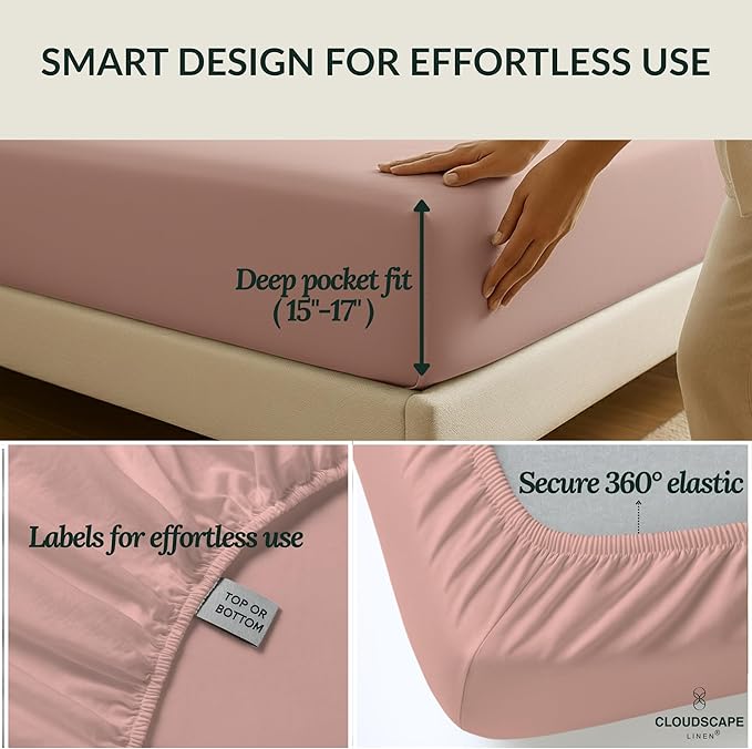 Cloud Scape Linen 100% Egyptian Cotton Split King Sheet Set for Adjustable Bed,400 Thread Count, 5 Pcs Bedding Set, Soft, Breathable and Durable, Deep Pockets up to 17, Sepia Rose