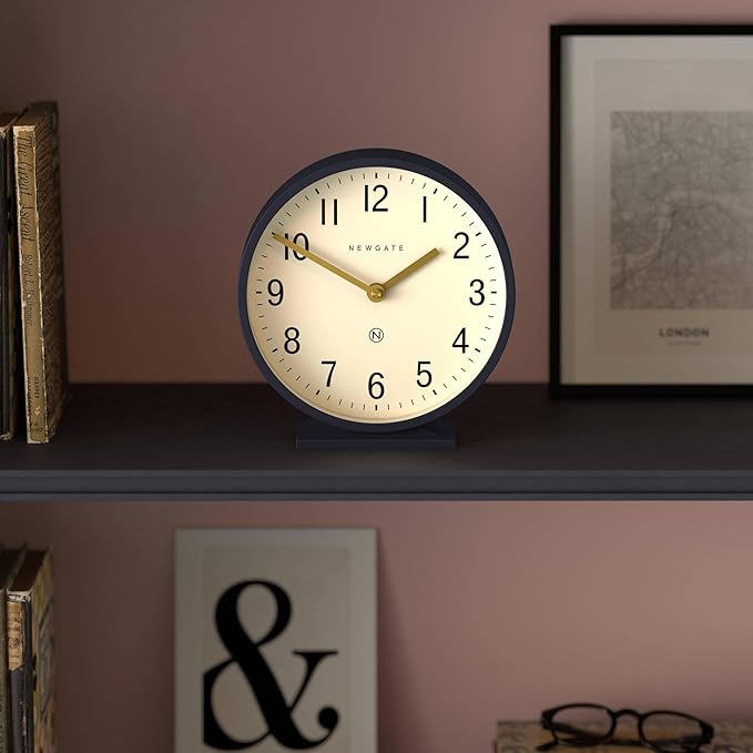 NEWGATE® Q Mantel Clock | Modern Classic Round Mantel Clock | Navy Blue | Contemporary Style for Mantel, Desk, Table, Shelf or Bedside