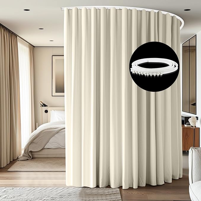 Room Divider Ceiling Mounted Curtains Track Sets Extra Wide Blackout Curtain Flexible Tracks for Bedroom Privacy Partition Separator,1 Panel Beige Drape and White Rail, W8.3 x H10ft