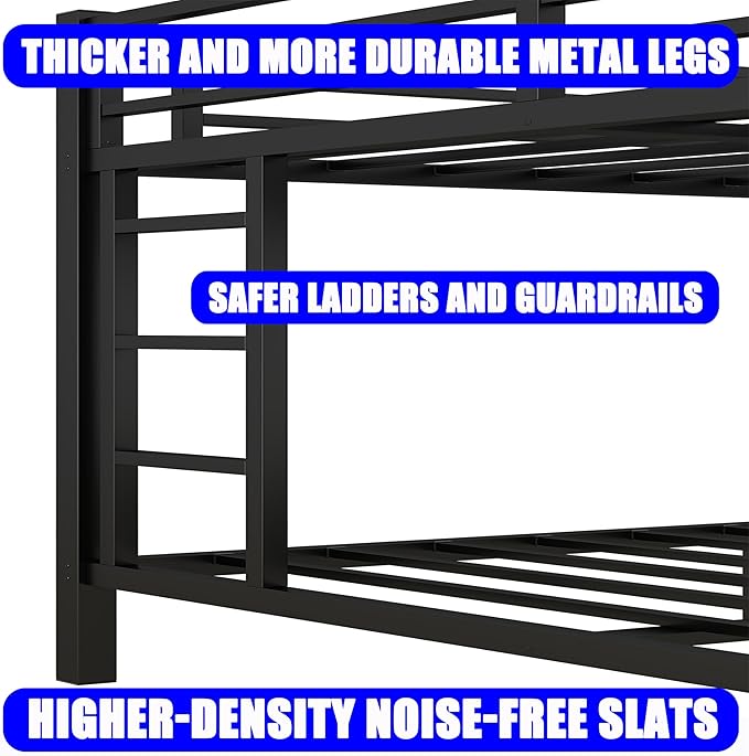Upgraded Version Thicken Metal Queen Over Queen Bunk Bed with Trundle, Heavy-Duty Steel Bunk Bed for Adults, Easy Assemble (with Trundle)