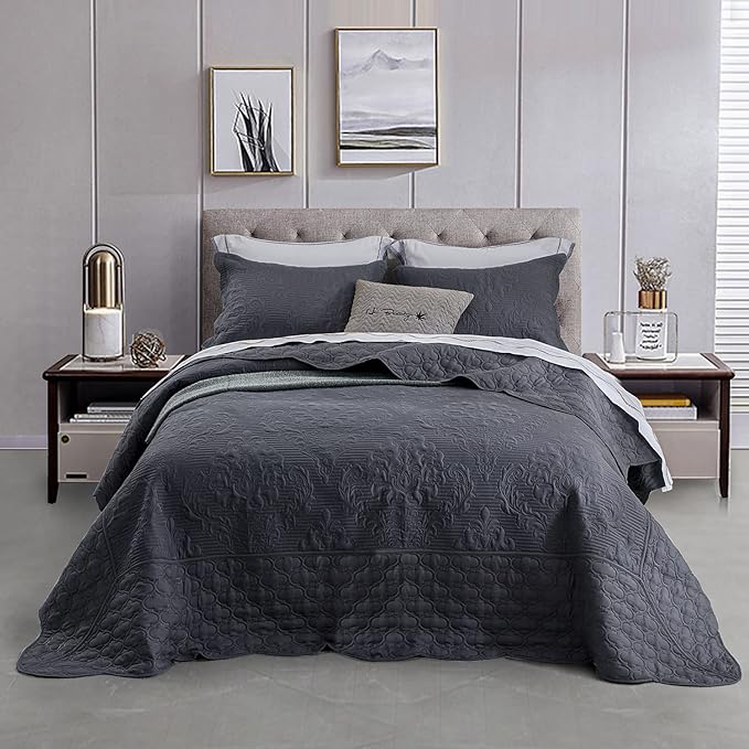 CHIXIN Bedspread Coverlet Quilt Set Full Size - Lightweight Bedding Cover - Ultrasonic Quilting - 5 Piece Reversible Bedspread - Elegant Damask Paisley Pattern (Full, Dark Grey)