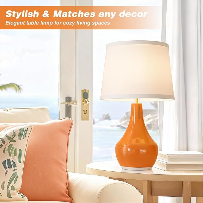 Seealle Modern Ceramic Table Lamps for Night Stands - Bedside Lamps Set of 2 for Nightstand,Orange Bedroom Lamp for Living Room Cute Desk End Table Office Guest Room Dresser Rocker Swtich