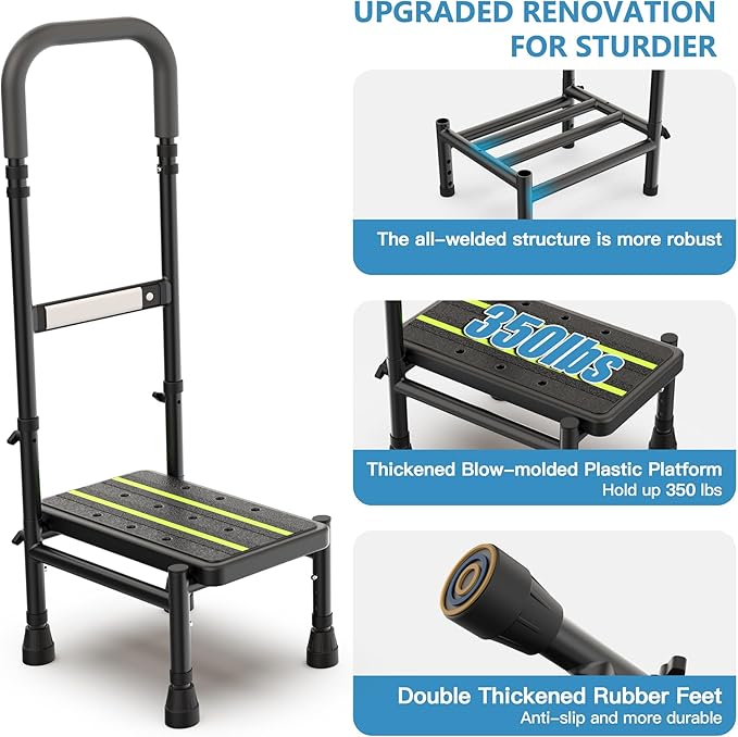 Packve Step Stool with Handle for Elderly, Adjustable Handrail & Leg, Sensor Light, Medical Stepping Stools for High Bed Mobility & Daily Living Aids, Bedside Car Stair Lift for Senior Adults 350lbs
