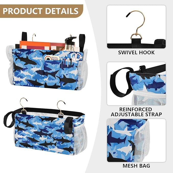 Bedside Caddy Hanging Bunk Bed Caddy Bed Organizer Hanging Pocket with 2 Hooks Bedside Storage Organizer Pocket Bag Holder Marine Bright Sky Blue Shark