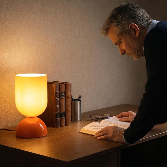 8.9" Modern Glass Table Lamp for Living Room, Dimmable Desk Lamps for Bedroom, UL Listed Nightstand Lamp with Dome Base, End Table Lamps for Home, Side Tables, College Dorm, Office, Glossy Orange
