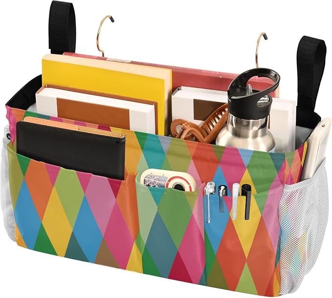 Bedside Caddy Hanging Bunk Bed Caddy Bed Organizer Hanging Pocket with 2 Hooks Bedside Storage Organizer Pocket Bag Holder Pink Green Argyle