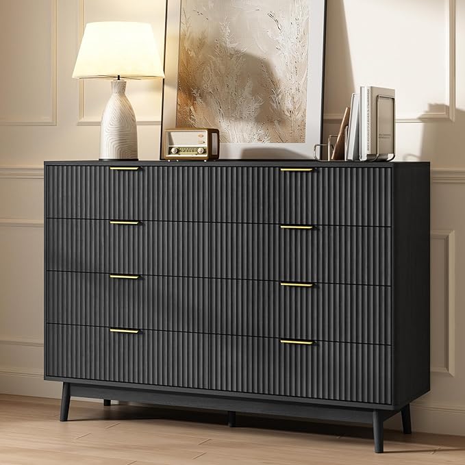 CARPETNAL Fluted 8 Drawer Dresser for Bedroom, 55" Wide Wooden Chest of Drawers with Rounded Corners, Gold Handles, Modern Storage Organizer for Bedroom, Hallway(Black)