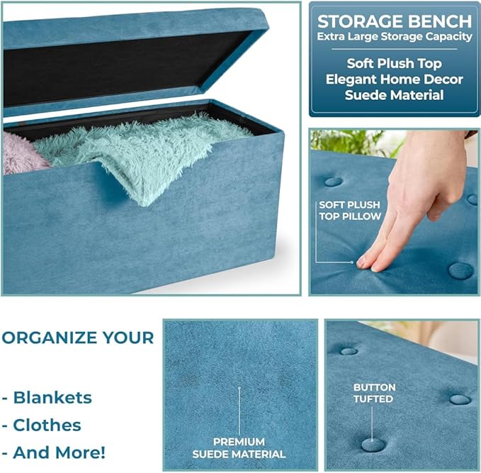 Sorbus Storage Ottoman Bench – Collapsible/Folding Bench Chest with Cover – Perfect Toy and Shoe Chest, Hope Chest, Pouffe Ottoman, Seat, Foot Rest, – Contemporary Faux Suede (Teal)
