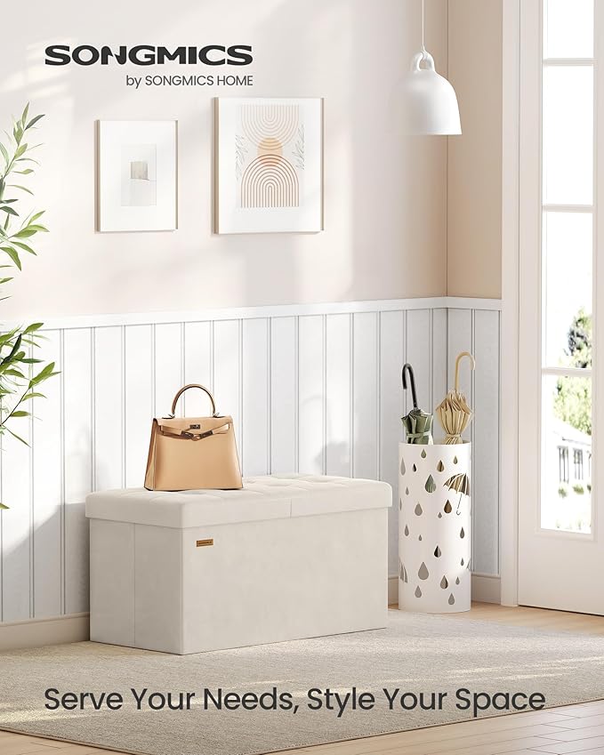 SONGMICS Mazie Collection - 30 Inches Storage Ottoman, Foldable Storage Bench with Flipping Lid, 660 lb Load Capacity, for Entryway, Living Room, Bedroom, Velvet Fabric, Cream White ULSF048LH01