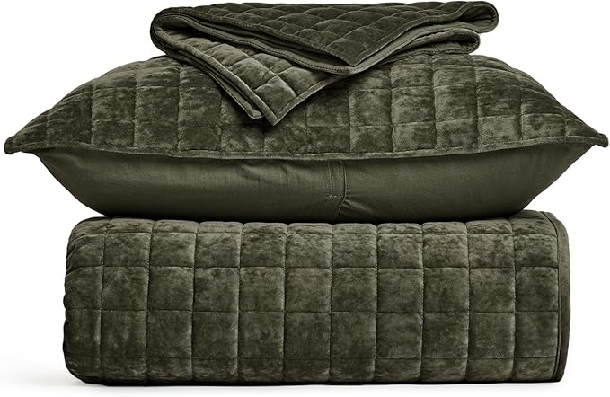RECYCO Luxury Velvet Quilt Set King Size, Lightweight Velvet Comforter Set, Oversized Bedspread Coverlet Quilted Bedding Set, with 2 Matching Pillow Shams, for All Season, Olive Green