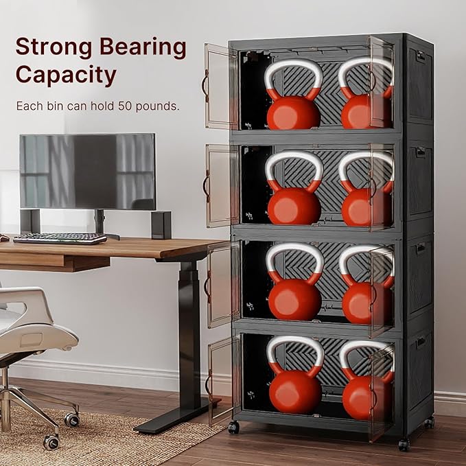480Qt Stackable Storage Bins with Lids, 4 Pack Large Collapsible Bins with Wheels, Plastic Cabinet with Doors, Foldable Closet Organizers and Storage for Home, Dorm, Office, Black