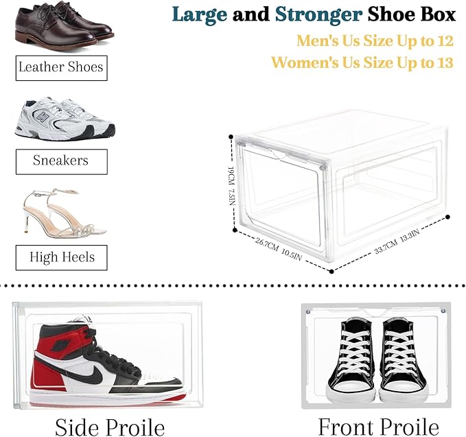 8 Pack Shoes Box Sneaker Display Case Size 13 Plastic Shoe Organizer for Closet Space-Saving Foldable Shoe Rack Sneaker Container Bin Holder