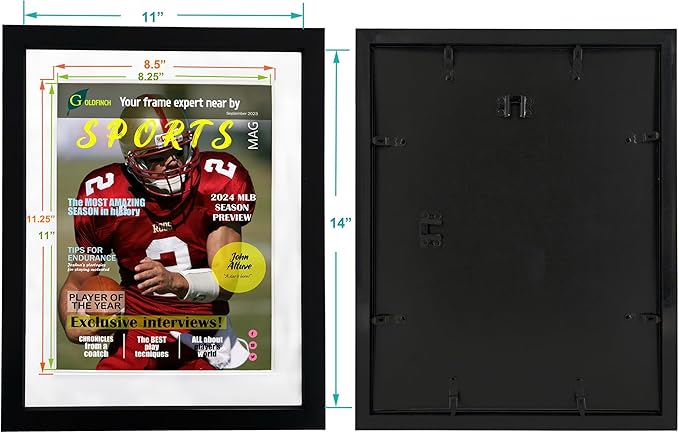 Goldfinch 4 Packs Sports Magazine Frames Displays Magazines Measuring 8.5 x 11.25 or 8.25 x 11 inches with Double White Core Matting, Deep Frame Moulding, with Installed Hangers