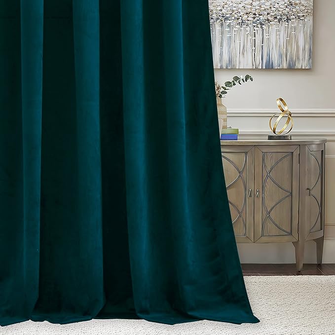 RYB Home Velvet Curtains 108 inches 2 Panels Set - Super Soft Durable Window Drapes Room Darkening Energy Smart Back Tap for Apartment Villa Room Backdrops, Peacock Blue, W52 x L108 inches, 2 Panels