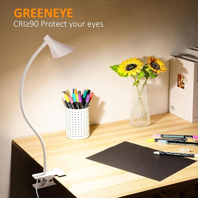 Clip on Light USB Reading Light, Eye Care Dimmable Reading Lamp Flexible Goose Neck Clip on Lamp for Bed Headboard Desk Bedside Dorm - White