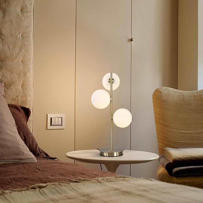 3 Lights Brass Metal Bedside Lamp, Mid Century Globe Table Light, White and Gold Reading Lamp for Office Living Room Dresser Bathroom, G9 Base