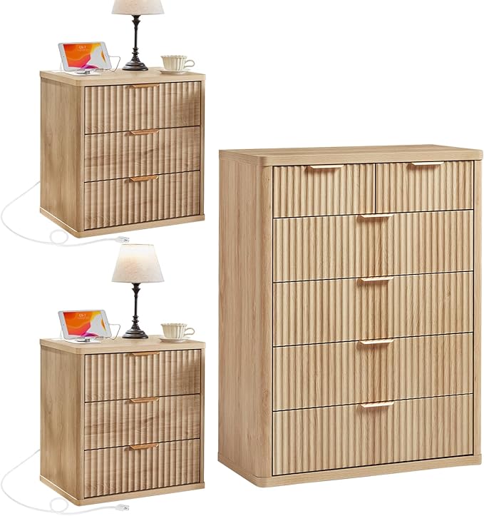 LEYAOYAO 42" Tall Fluted Dresser and 3 Drawers 23" Nightstand Set of 2, Wooden Dresser & Night Stand with Charging Station, 3 Piece Bedroom Furniture Set, Wood Chest of Drawer for Living Room,Natural