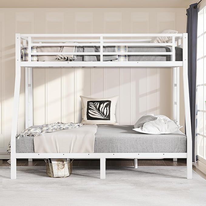 Twin Over Full Bunk Bed Frame, Heavy Duty Metal Loft Bed for Adults/Teens, 250/350LB Capacity w/Ladder & Guardrail, Noise-Free Steel Slats, No Box Spring Required, White