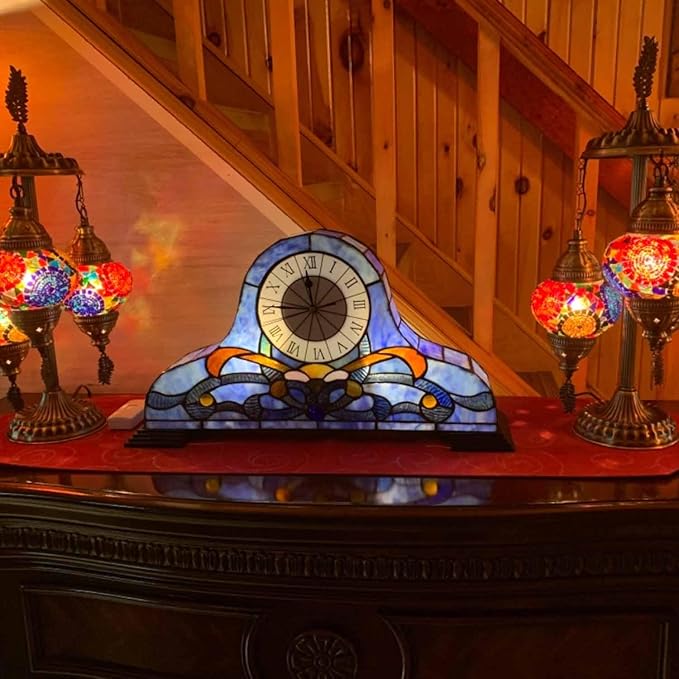 Bieye L10661 Baroque Desk Clock Tiffany Style Stained Glass Accent Table Lamp for Living Room Bedside Home Decoration, Night Light with Quartz Watch Inside (Blue)