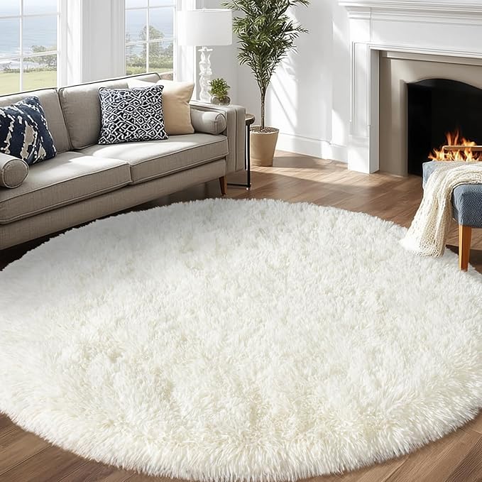 Round White Rug for Bedroom, 6 ft Circle Area Rugs for Living Room, Soft Fluffy Shag Carpet for Teen Girls Boys Nursery Room Dorm Home Decor Aesthetic