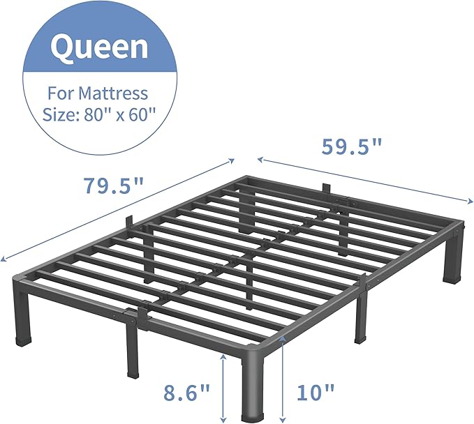 10 Inch Queen Bed Frame, 3500Lbs Heavy Duty Metal Platform with Round Corner Legs Mattress Slide Stopper, Steel Slat Support No Box Spring Needed, Noise Free, Non-Slip, Easy Assembly
