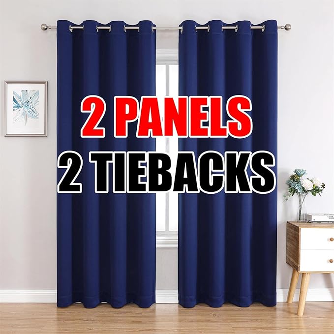 MIUCO Room Darkening Grommet Thermal Insulated Blackout Window Curtains Panels for Bedroom Set of 2 52x95 Inch Navy Blue, Bonus 2 Tie Backs Included