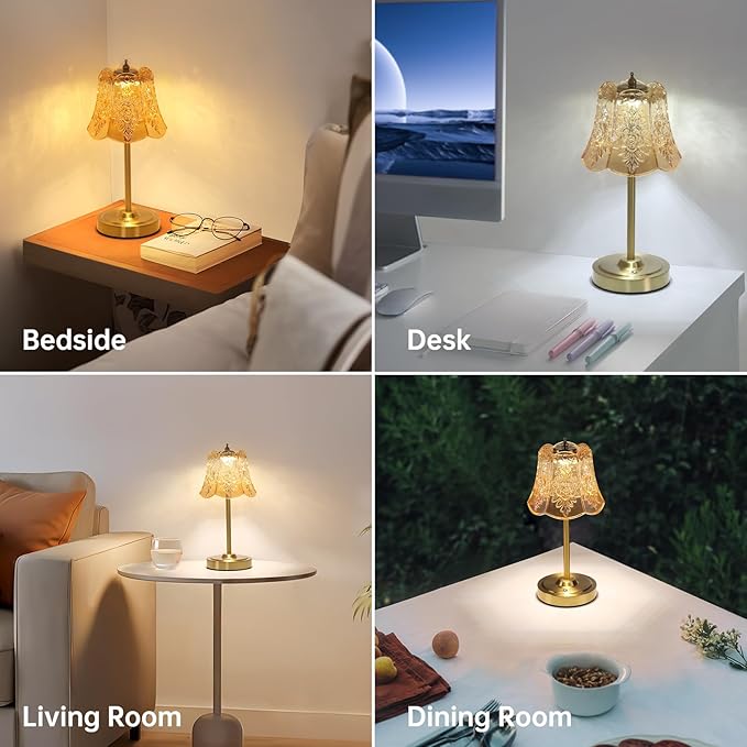 Small Table Lamp with 5200mAh Battery & Touch Control - 3 Adjustable Color Temperatures, Dimmable Rechargeable Table Lamps for Living Room, Bedroom, Bedside (Amber Rose)