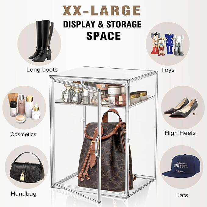 2 Pcs Shoe Display Case, XX-Large Tall Boot Storage Box Transparent Handbag Organizer for Closet Acrylic Shoe Box Clear Plastic Stackable Sneaker Collectibles Case with Detachable Divider