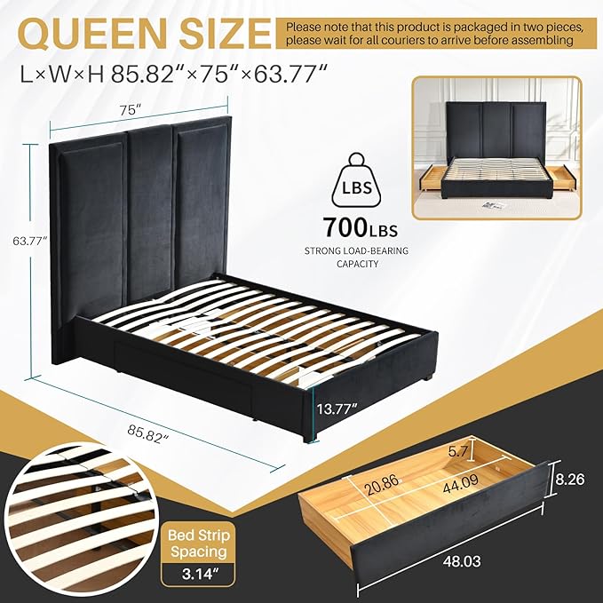 YUHUASHI Queen Size Bed Frame with 64-inch High Headboard, Simple and Airy Linen Upholstered Platform Bed with Storage Drawers, Wood Slat, No Noise (Ink Blue, Queen)