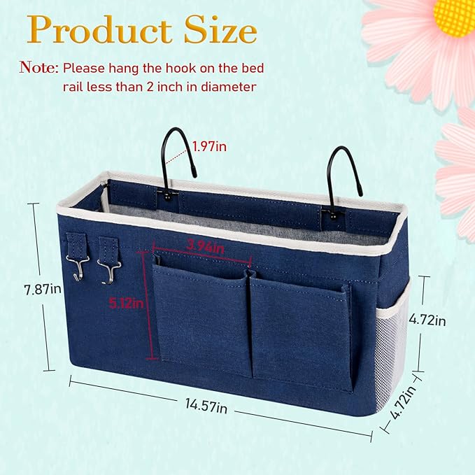 Ozzptuu Bedside Storage Caddy/Bedside Hanging Storage Bag for Headboards Bunk Beds Dorm Rooms Book Phone Magazine Holder (Navy Blue)