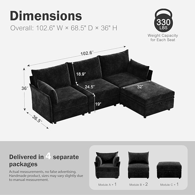 ABCASA 102.6" Modular Sectional Sofa, L Shaped Couch Set for Living Room, 3-Seater Comfy Cloud Couches with Movable Storage Ottoman,DIY Combination - Chenille Black