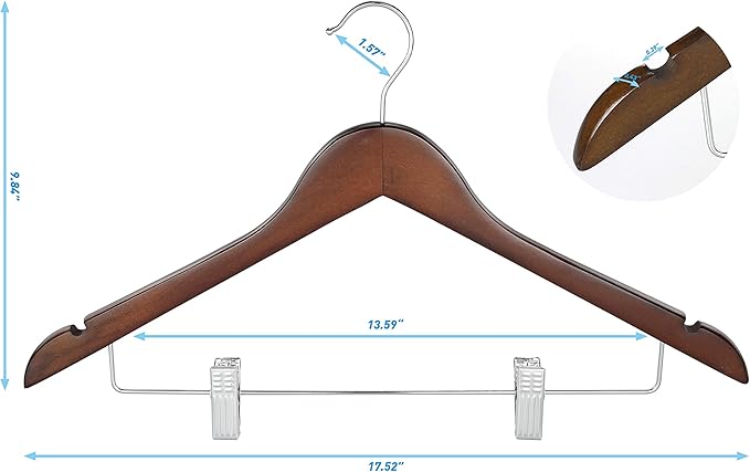 TOPIA HANGER Wooden Suit Hangers with Adjustable Metal Clips (20 Pack), Solid Wood Clothes Hangers, 360° Swivel Hook, Premium Retro Finish Pants Hangers for Clothes Coat, Jeans, Blouse-CT28A20