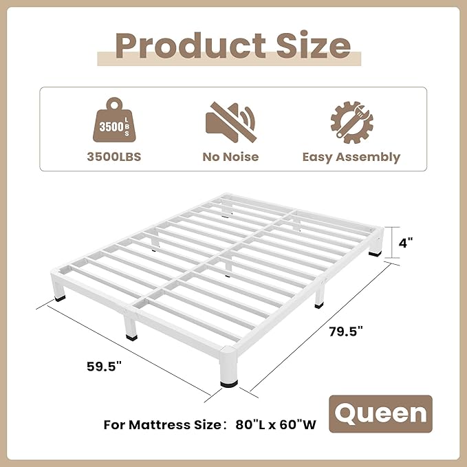 ROIL 4 Inch White Queen Bed Frame with Rounded Corner and Mattress Retainers, 3500LBS Heavy Duty Steel Slats No Box Spring Needed Platform Noise-Free Easy Assembly