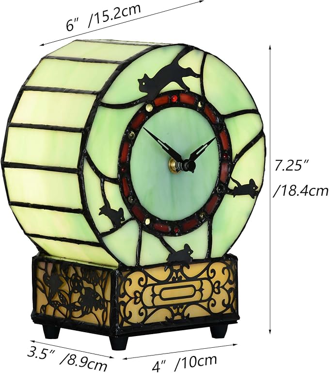 Bieye L10970 Cat and Mouse Tiffany Style Stained Glass Desk Clock Table Lamp for Home Decor (Green)