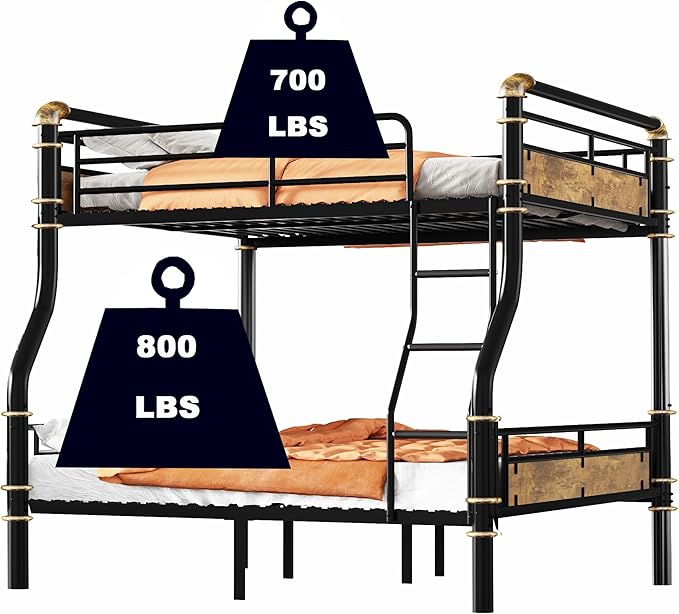 Upgraded Version Thicken Metal Heavy-Duty Full XL Over Queen Bunk Bed, Best Industrial Style Stronger Full Over Queen Size Bunk Bed with Ladder for Adults, Easy Assembly (Full XL Over Queen)