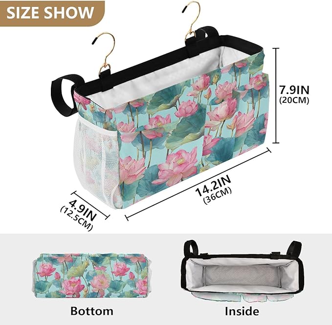 Bedside Caddy Hanging Bunk Bed Caddy Bed Organizer Hanging Pocket with 2 Hooks Bedside Storage Organizer Pocket Bag Holder Pastel Lotus Leaf Stem Floral