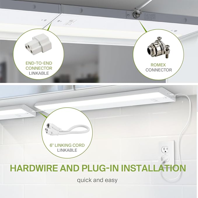 ASD 48 Inch LED Under Cabinet Lighting Plug in or Hardwired, High/Low/Off Switch, 24W 120V 3 CCT 2700K/3000K/4000K CRI90+, Triac Dimmable Linkable Under Counter Lights for Kitchen, ETL Listed, White