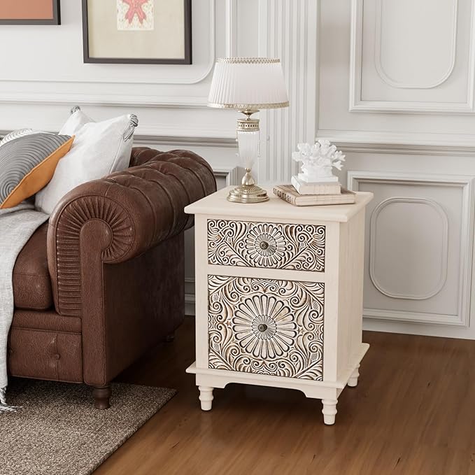 COSIEST Bedside Table Set of 2, Wood Nightstand, Farmhouse End Table with Storage, Nightstand with Drawers for Bedroom, Living Room