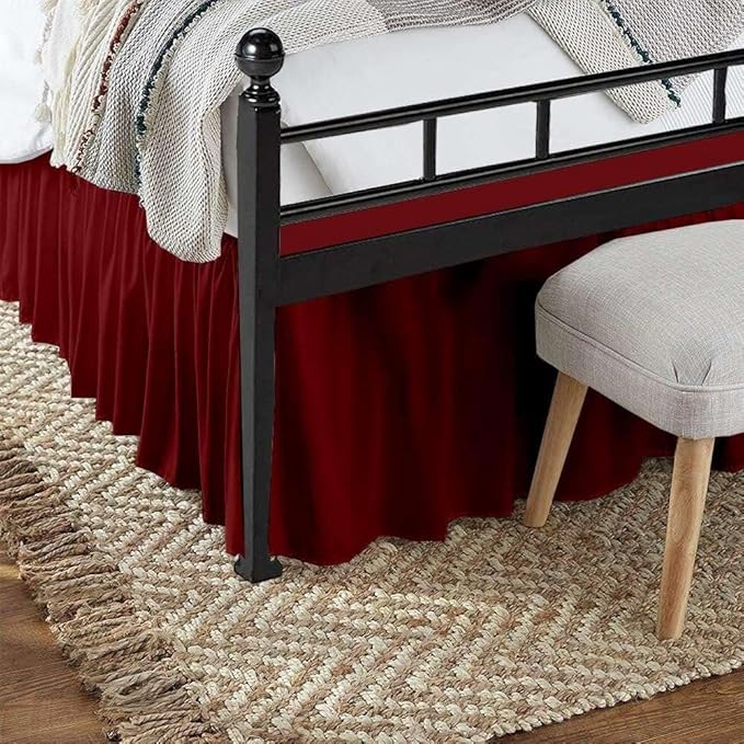 Burgundy Solid Ruffled Bed Skirt Full-XL-6 Inch Drop Split Corner, Microfiber Bedskirt with Platform Three Sided Coverage