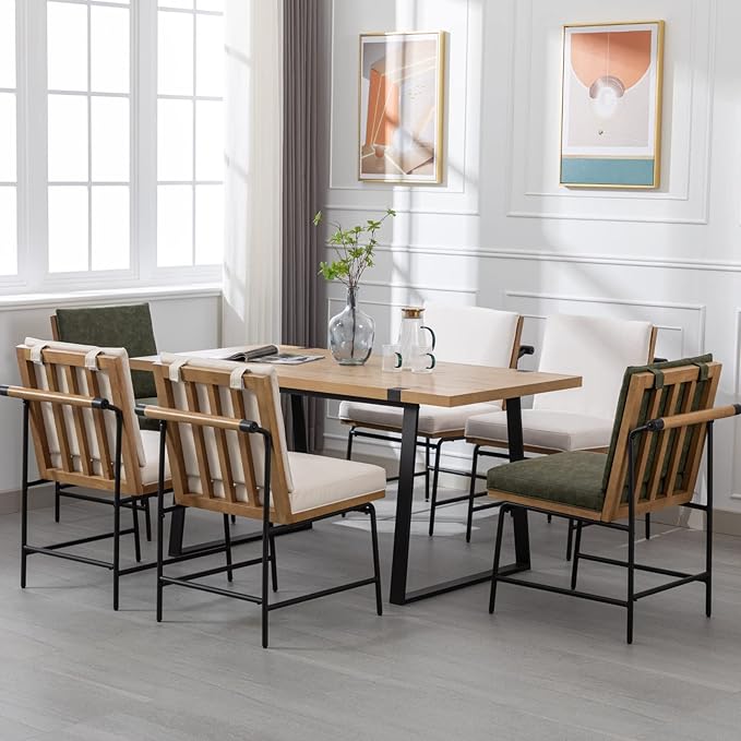 Modern Dining Chairs Set of 6, Comfy Linen Fabric Armless Side Chairs with Backrest Wooden Upholstered Seat Black Metal Legs for Dining Room Living Room, White