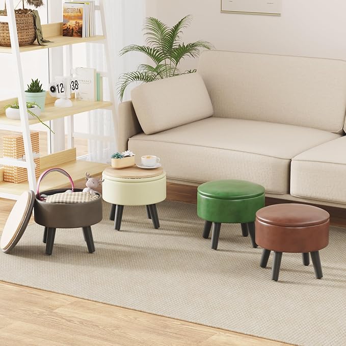 FIMIVIBI Small Foot Stool Ottoman with Storage, Faux Leather Ottoman Foot Rest for Couch, Round Footstool Ottomans for Living Room (Black)
