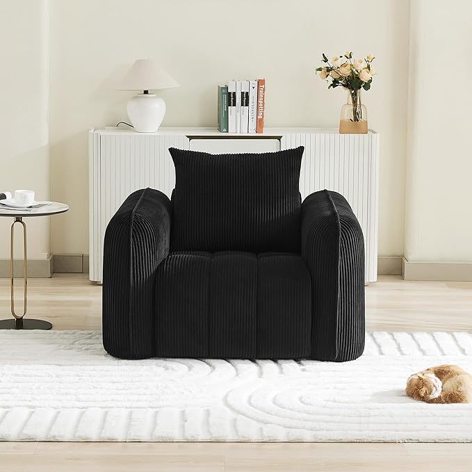 Oversized Boneless Accent Chair, Comfy Deep Seat Armchair for Bedroom, Modern Upholstered Living Room Sofa Chair with Pillow, No Assembly, Corduroy Black