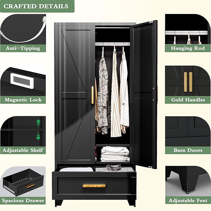 Metal Armoire Wardrobe Closet,71" Tall Black Storage Cabinet with Hanging Rod,2 Drawers & Adjustable Shelves,Heavy-Duty Steel Wardrobe for Bedroom, Garage, and Office