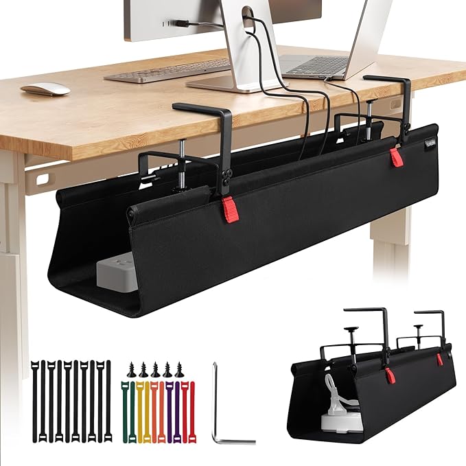 No Drill Under Desk Cable Management Tray, 36" Cord Organizer with Clamp, Fabric Cable Management for Standing Desks, Ideal for Home & Office - Black