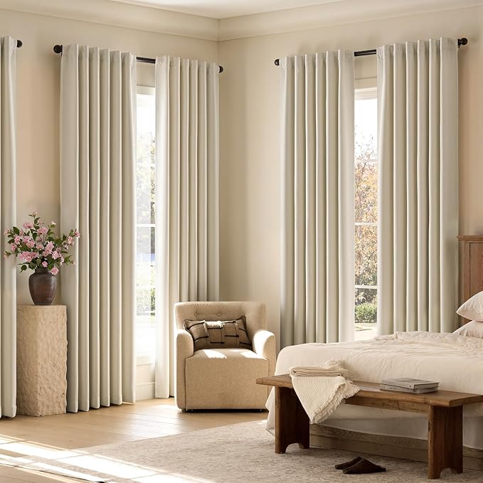 jinchan Chenille Blackout Curtains 84 Inches Long 2 Panels Beige Thermal Insulated Curtains for Bedroom Living Room Triple-Weave Noise Reducing Drapes Back Tab Full Privacy Window Curtains 50x84 Inch