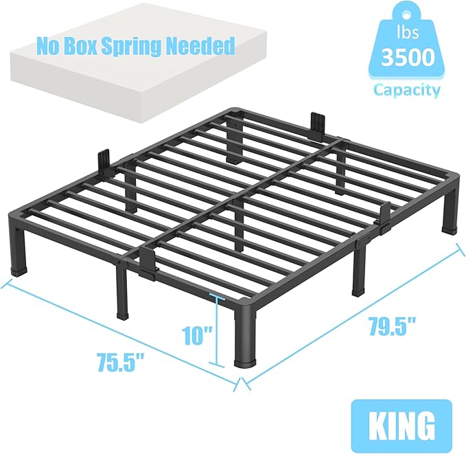 FUIOBYVV 10 Inch King Bed Frame with Round Corner Edge Legs 3500 lbs Metal Heavy Duty Steel Slats Support No Box Spring Needed Platform Noise Free Easy Assembly