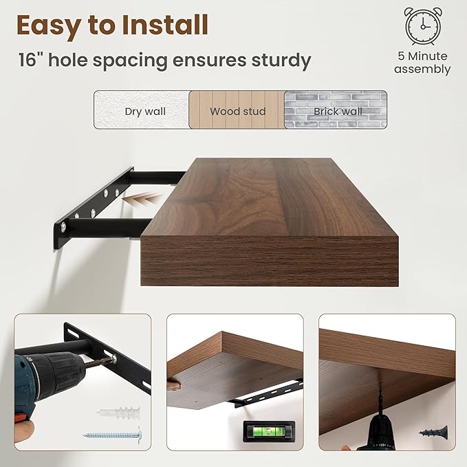 24 Inch Floating Shelves for Wall, 8 Inch Deep Floating Shelf for Storage & Display, Rustic Wall Mounted Shelf with Invisible Brackets for Living Room, Kitchen, Bathroom, Home Decor, Set of 2, Walnut