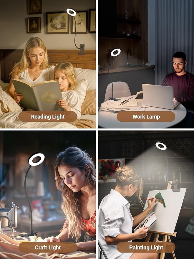 Clip on Lamp,5 Colors+10 Brightness LED Desk Lamp with Clamp,550lm Bright Clip on Light for Bed Headboard/Bedside Table,360°Adjustable Reading Light for Bed,Desk Lights for Home Office Study [Adapter]